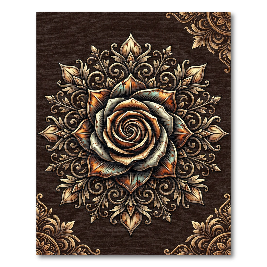 Vintage Copper Bronze Floral Mandala Rug