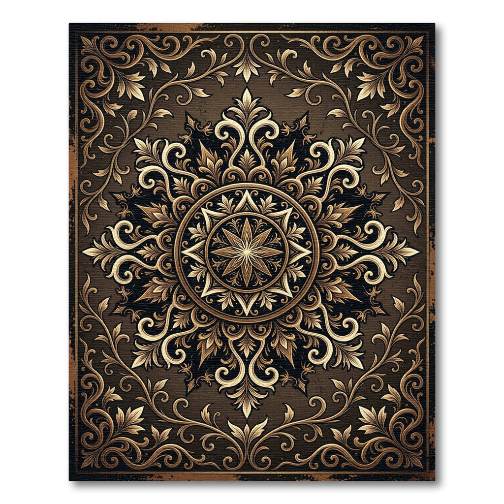 Ornate Bronze Gold Filigree Medallion Rug
