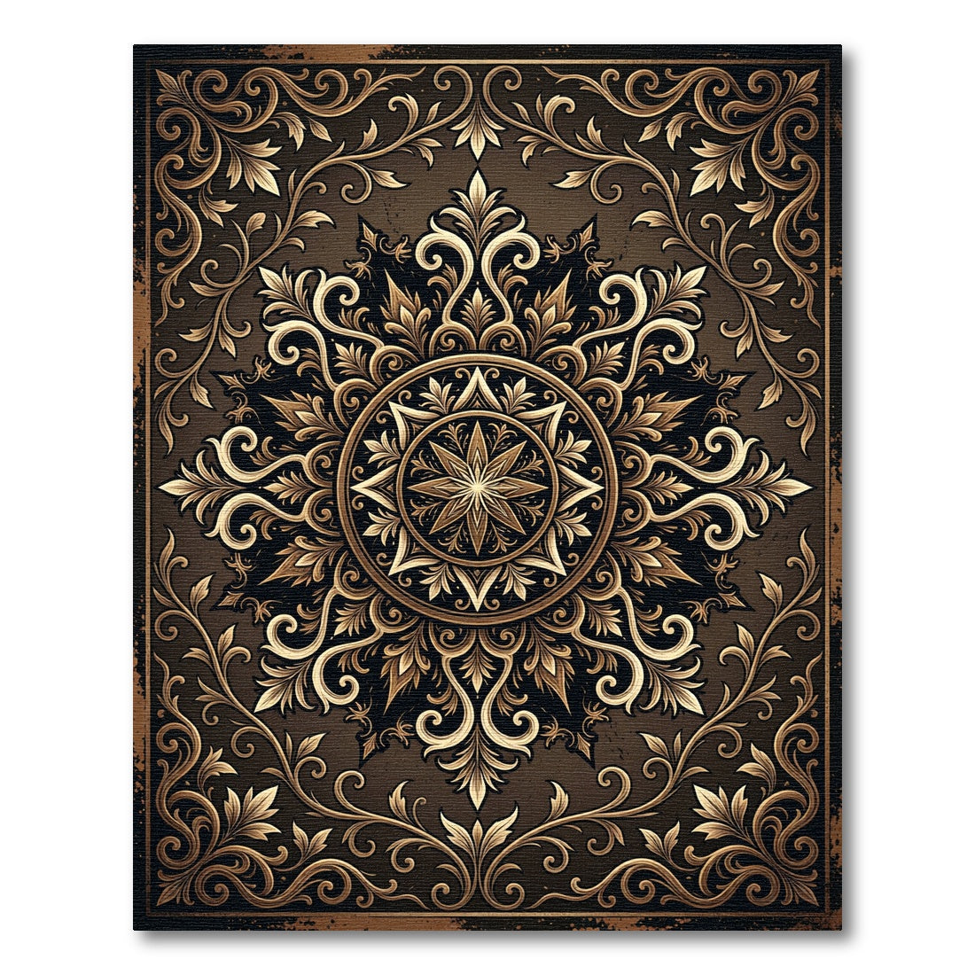 Ornate Bronze Gold Filigree Medallion Rug
