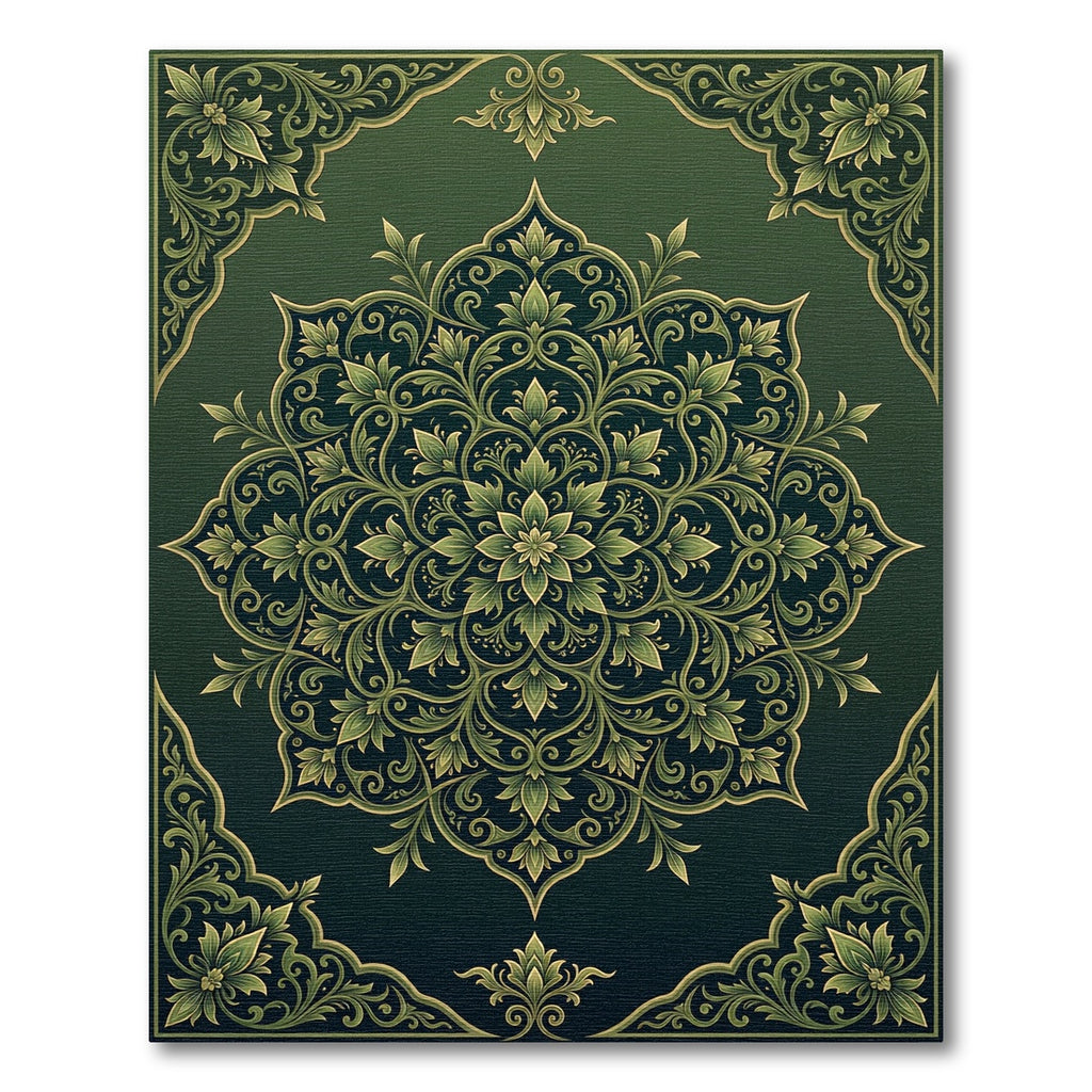 Ornate Emerald Botanical Damask Medallion Rug