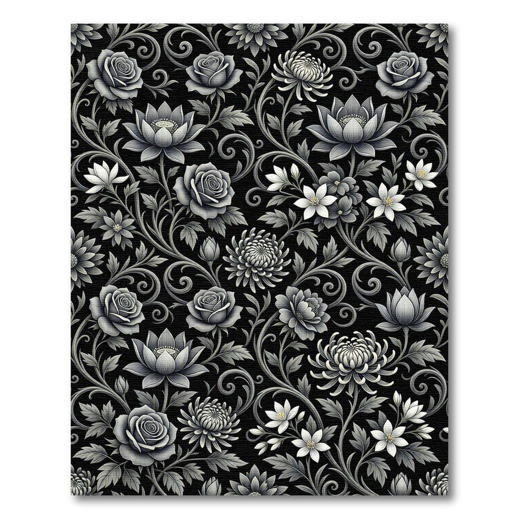 Monochrome Floral Garden Curled Vine Arrangement Rug