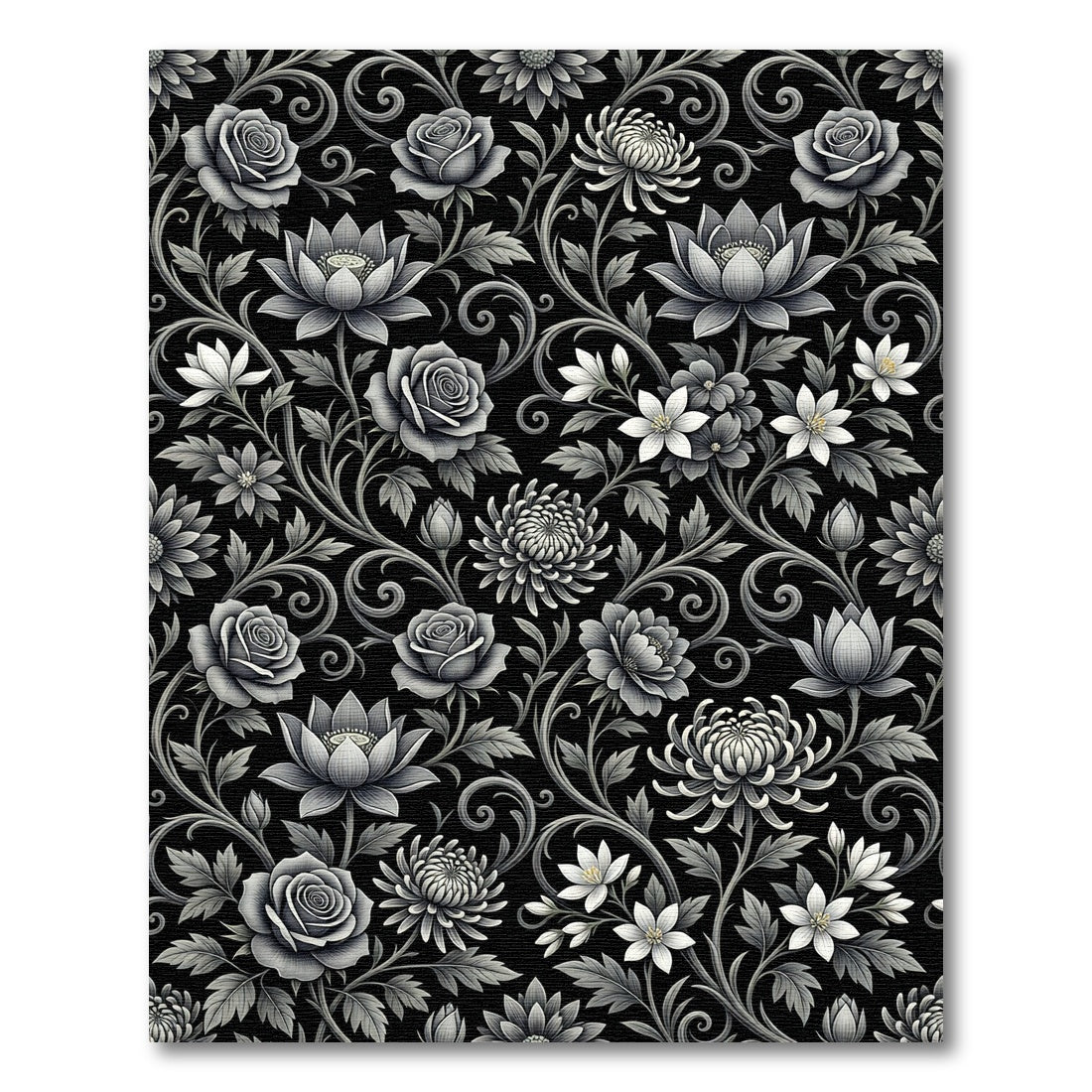 Monochrome Floral Garden Curled Vine Arrangement Rug