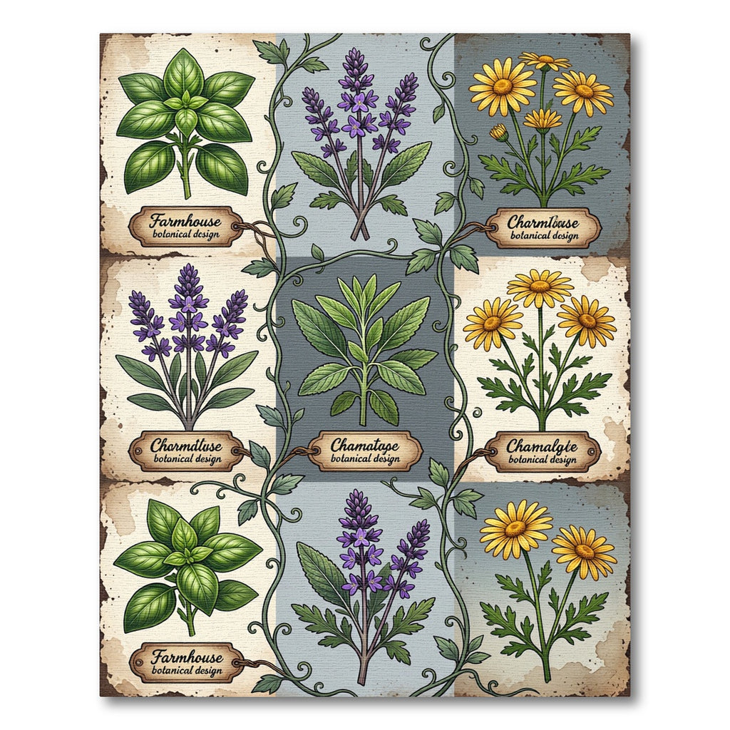 Vintage Botanical Herbaceous Garden Grid Rug