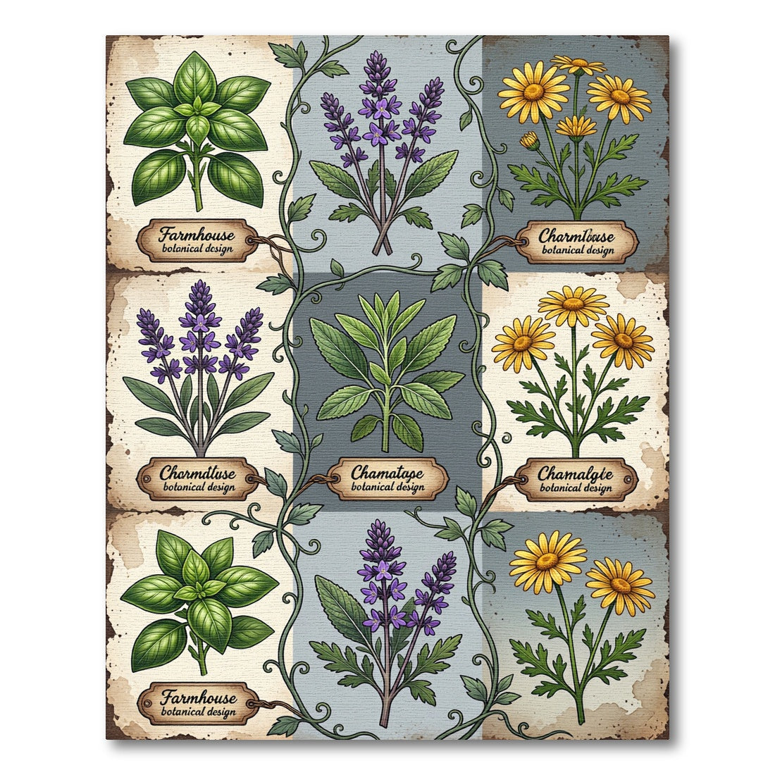 Vintage Botanical Herbaceous Garden Grid Rug