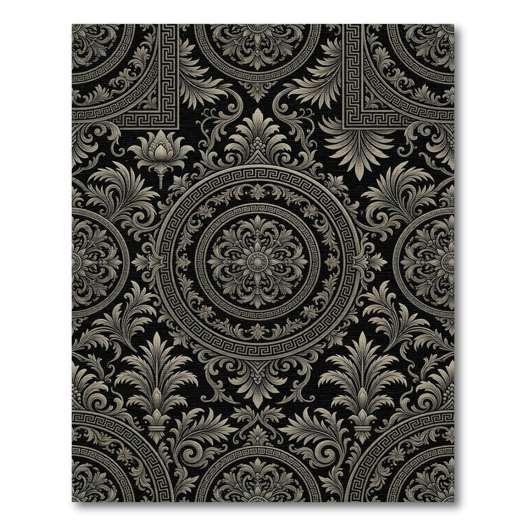 Ornate Black Beige Floral Medallion Rug