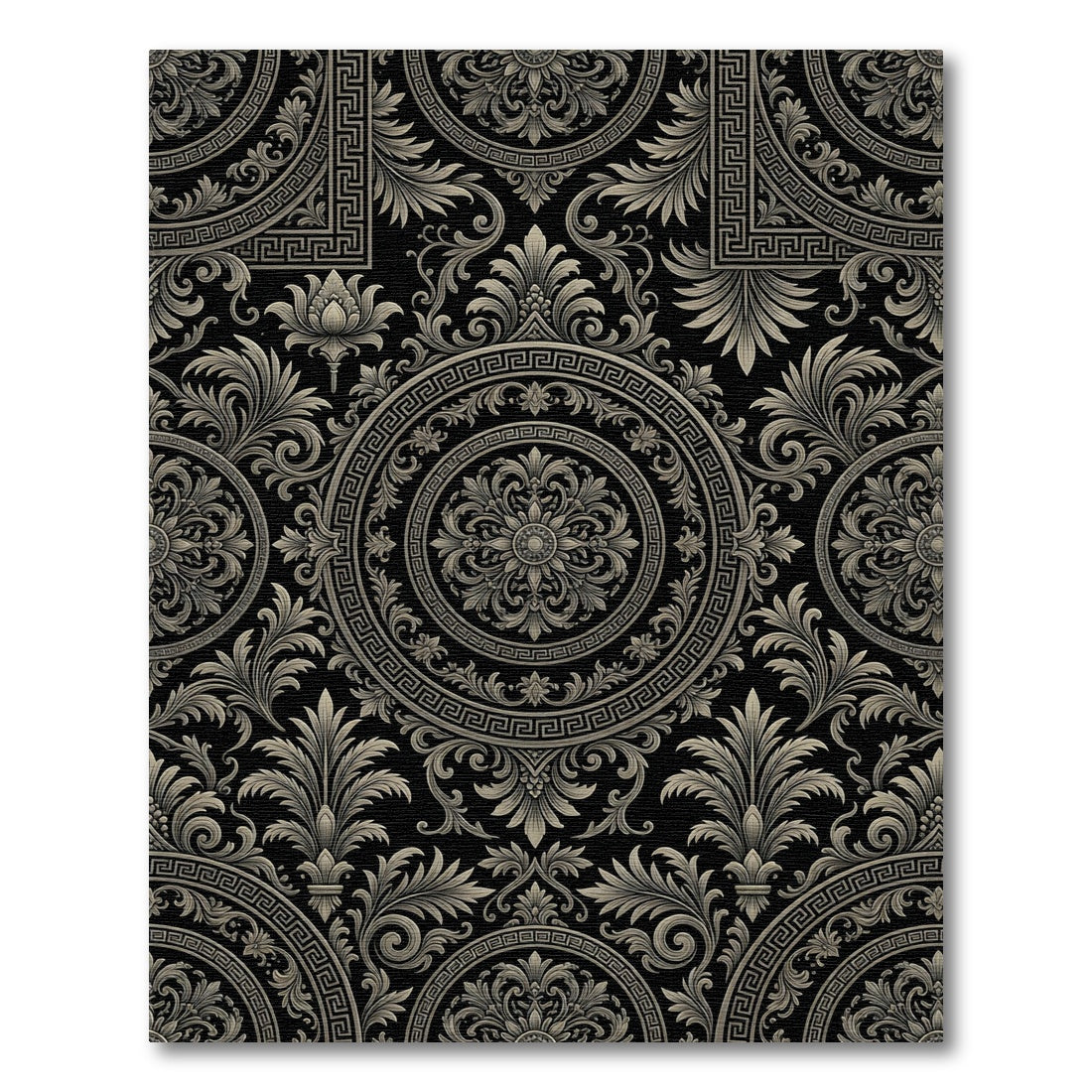Ornate Black Beige Floral Medallion Rug