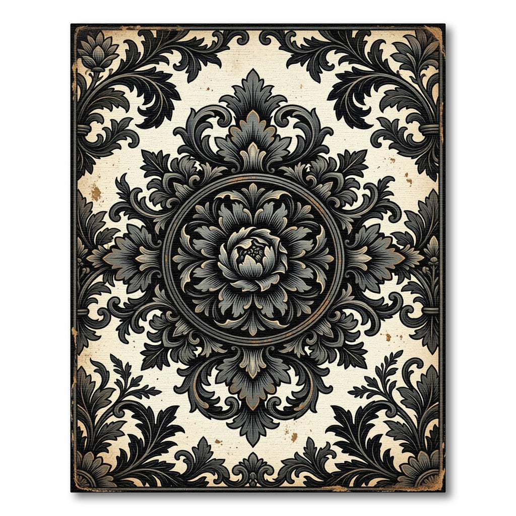 Elegant Charcoal Ornate Damask Medallion Rug