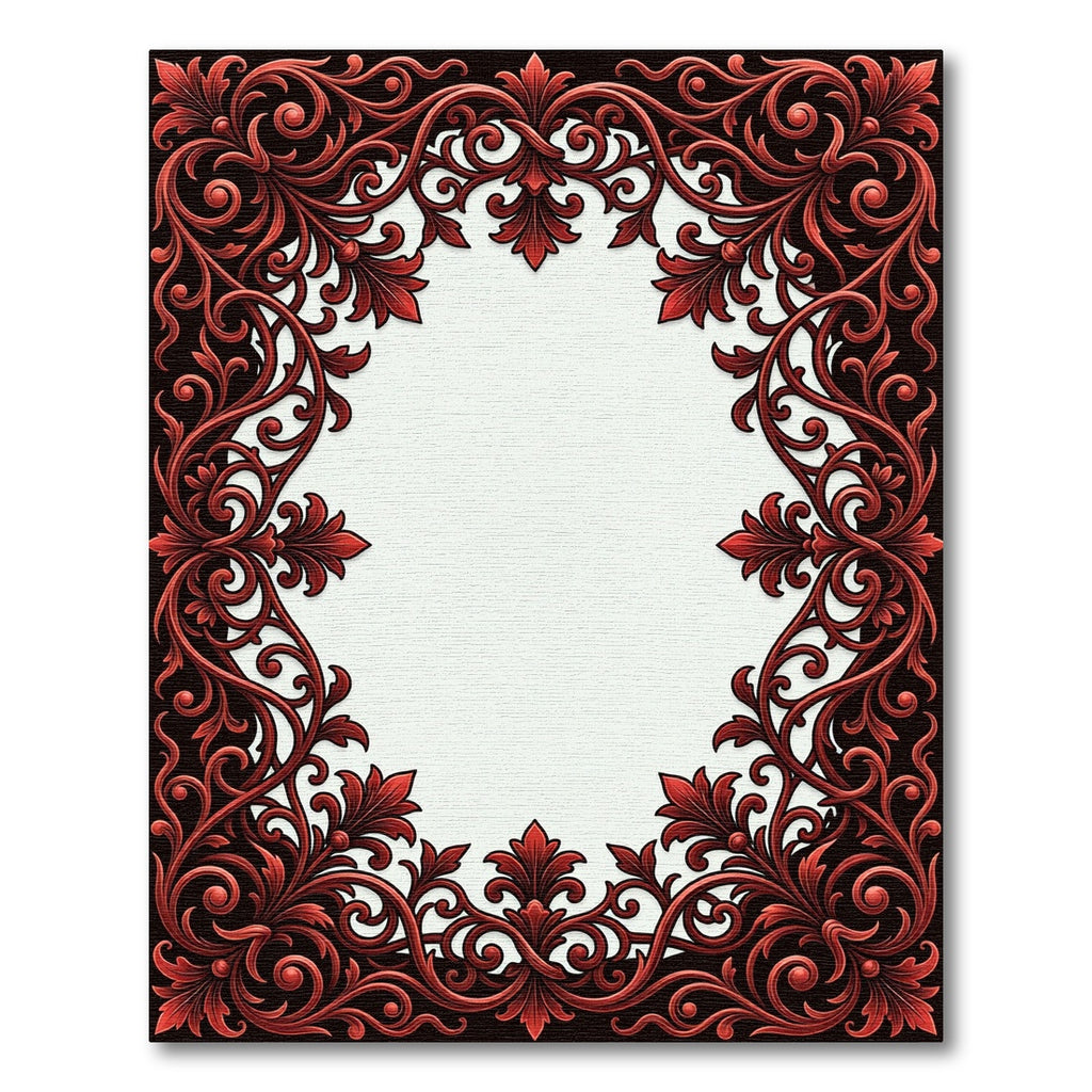 Ornate Red Leaf Scroll Border Rug