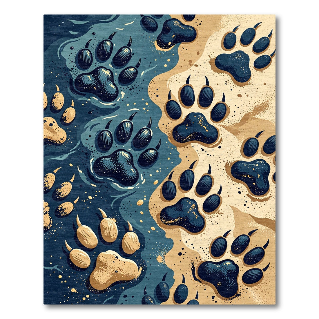 Abstract Blue and Sand Paw Prints Rug