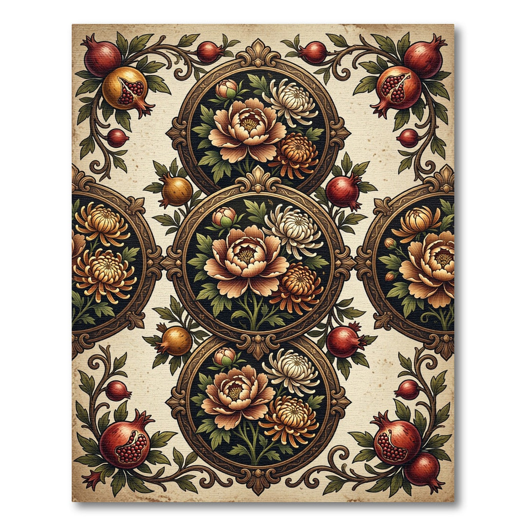 Vintage Pomegranate and Peony Ornate Medallion Rug