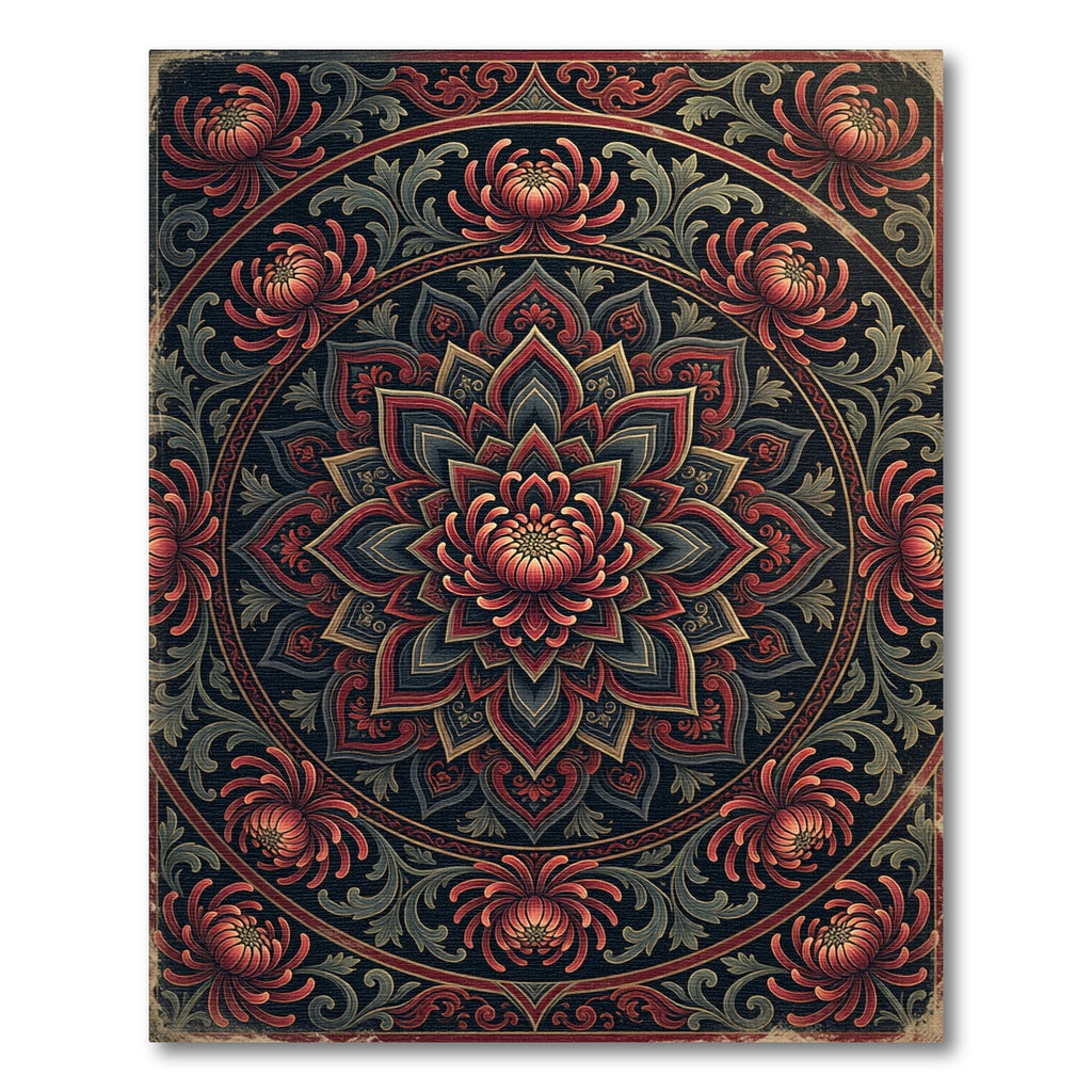 Gothic Crimson Chrysanthemum Floral Mandala Rug
