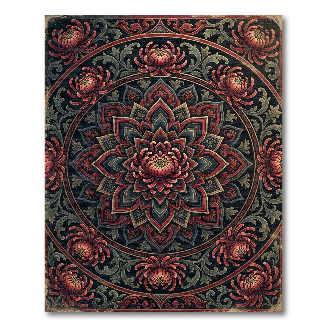 Gothic Crimson Chrysanthemum Floral Mandala Rug