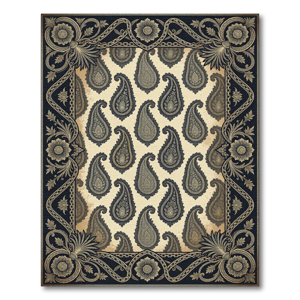 Ornate Gold and Ebony Paisley Scroll Rug