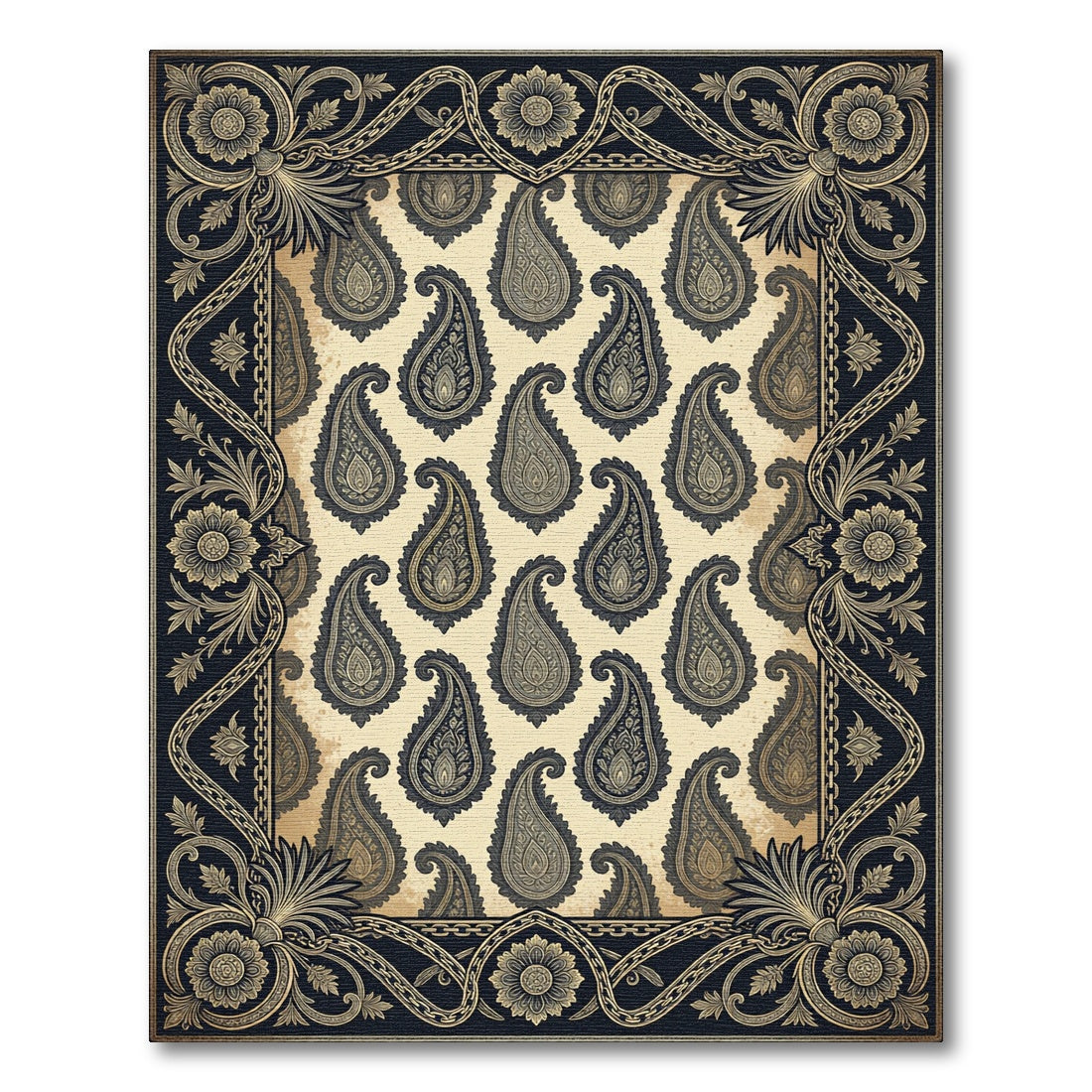 Ornate Gold and Ebony Paisley Scroll Rug