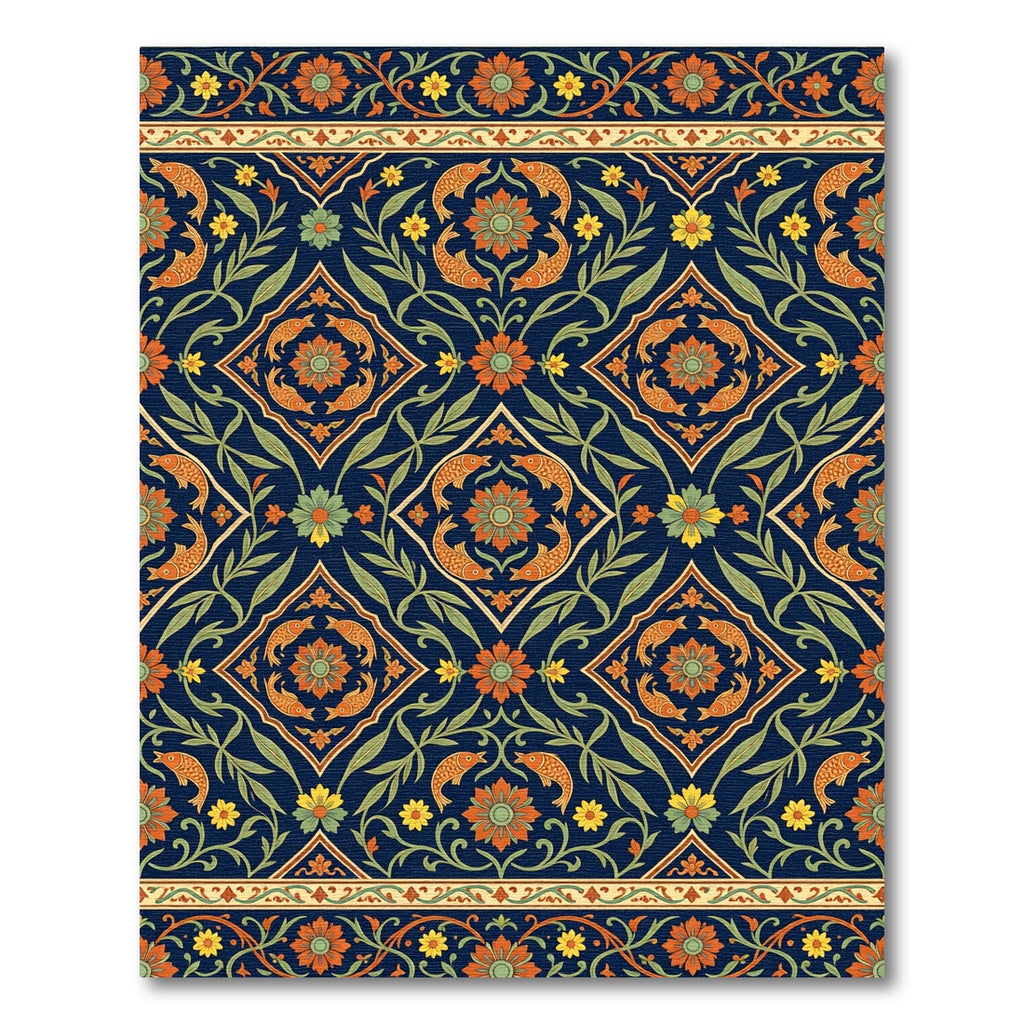 Navy Floral Lake Fish Medallion Rug