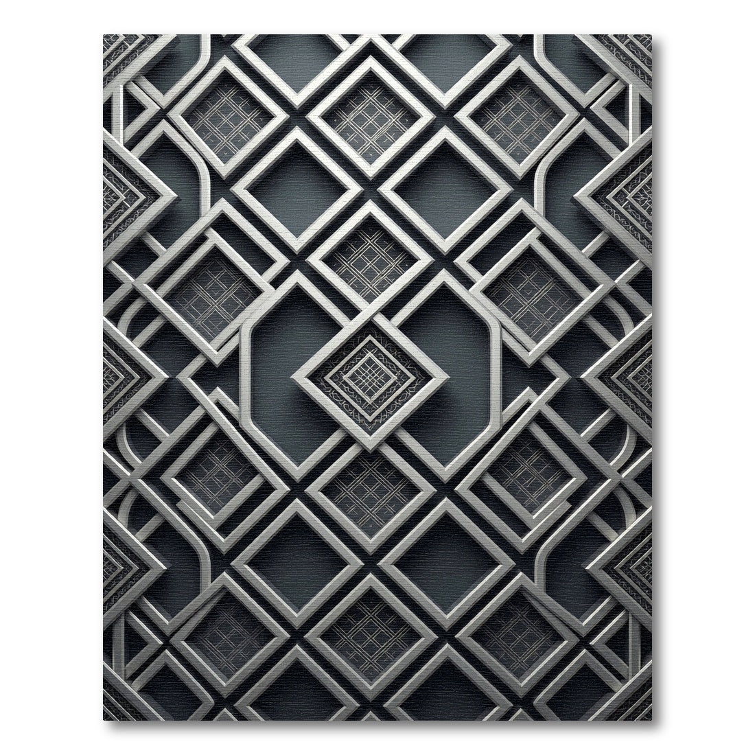 Sophisticated Charcoal Silver Geometric Lattice Rug