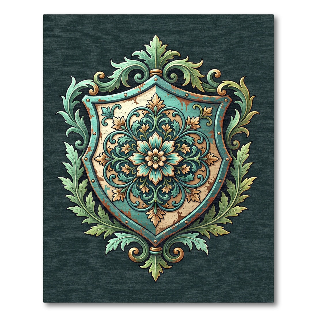 Antique Teal Floral Crest Rug