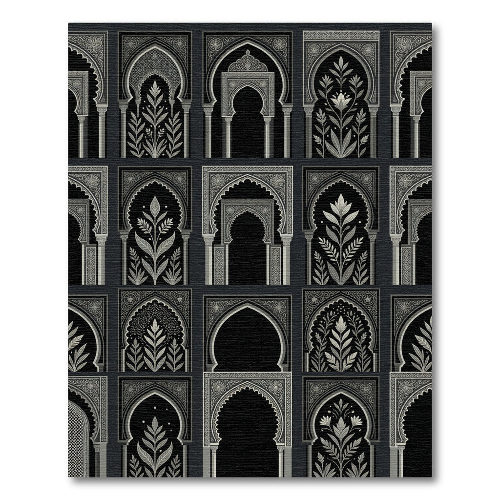 Ornate Black White Arches Foliage Rug