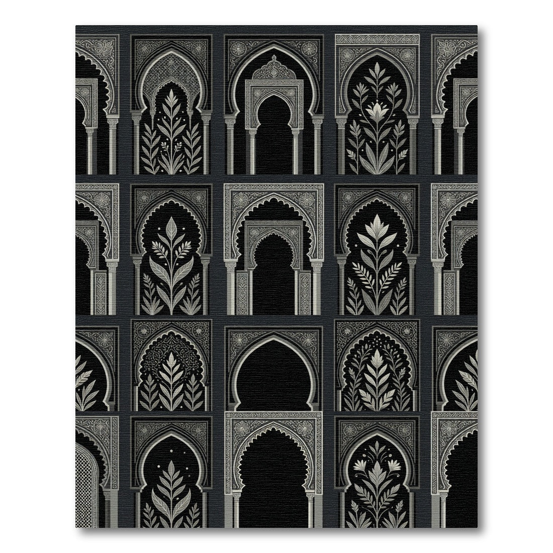 Ornate Black White Arches Foliage Rug