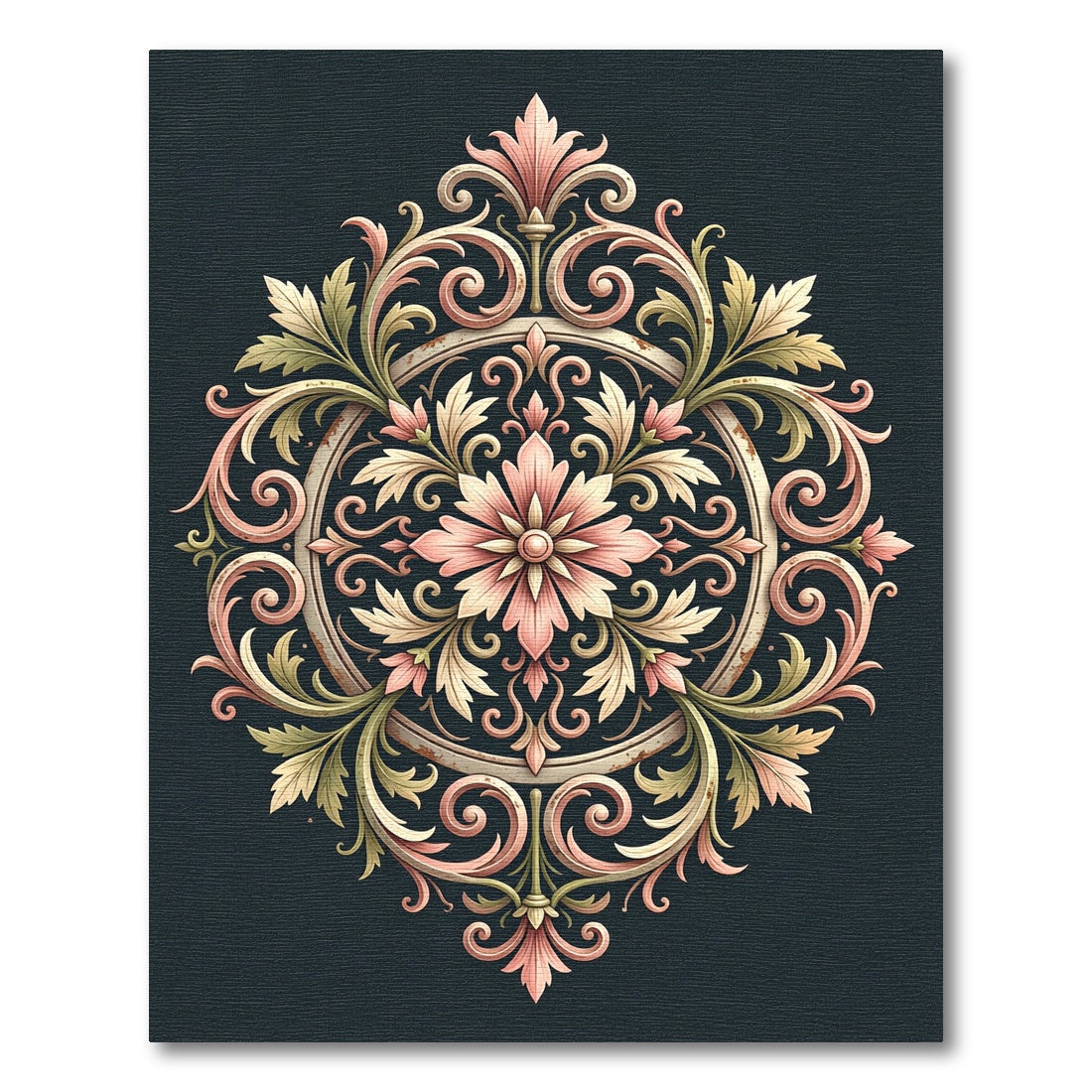 Elegant Blush Floral Scroll Medallion Rug