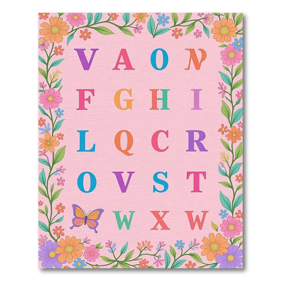 Alphabet Flowers Butterfly Whimsical Collage Rug