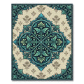 Ornate Teal Damask Leaf Medallion Rug