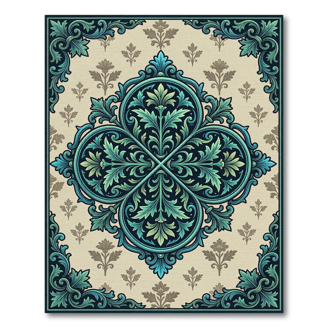 Ornate Teal Damask Leaf Medallion Rug