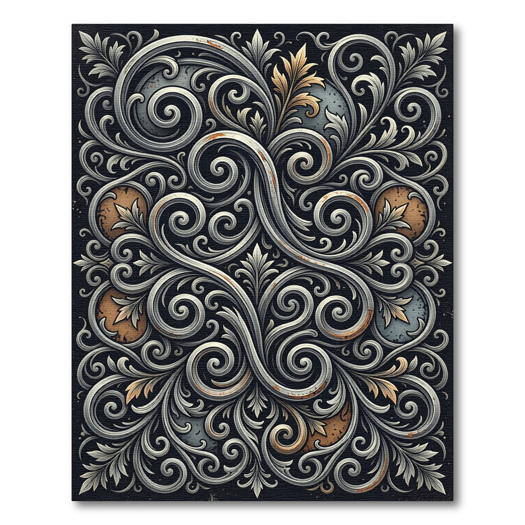 Elegent Metallic Silver Ornate Scrollwork Rug