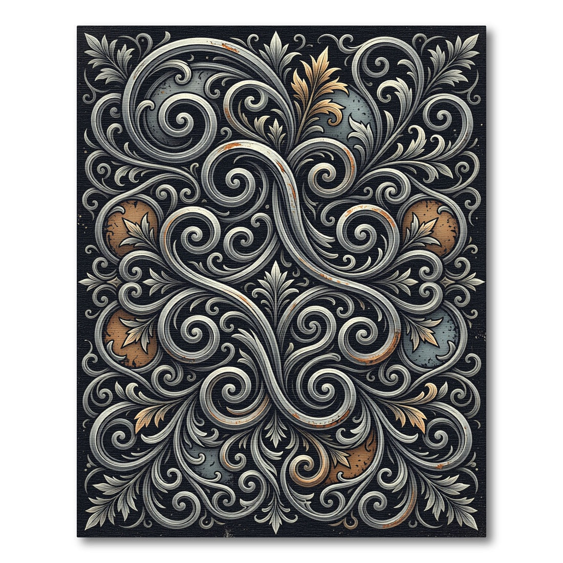 Elegent Metallic Silver Ornate Scrollwork Rug