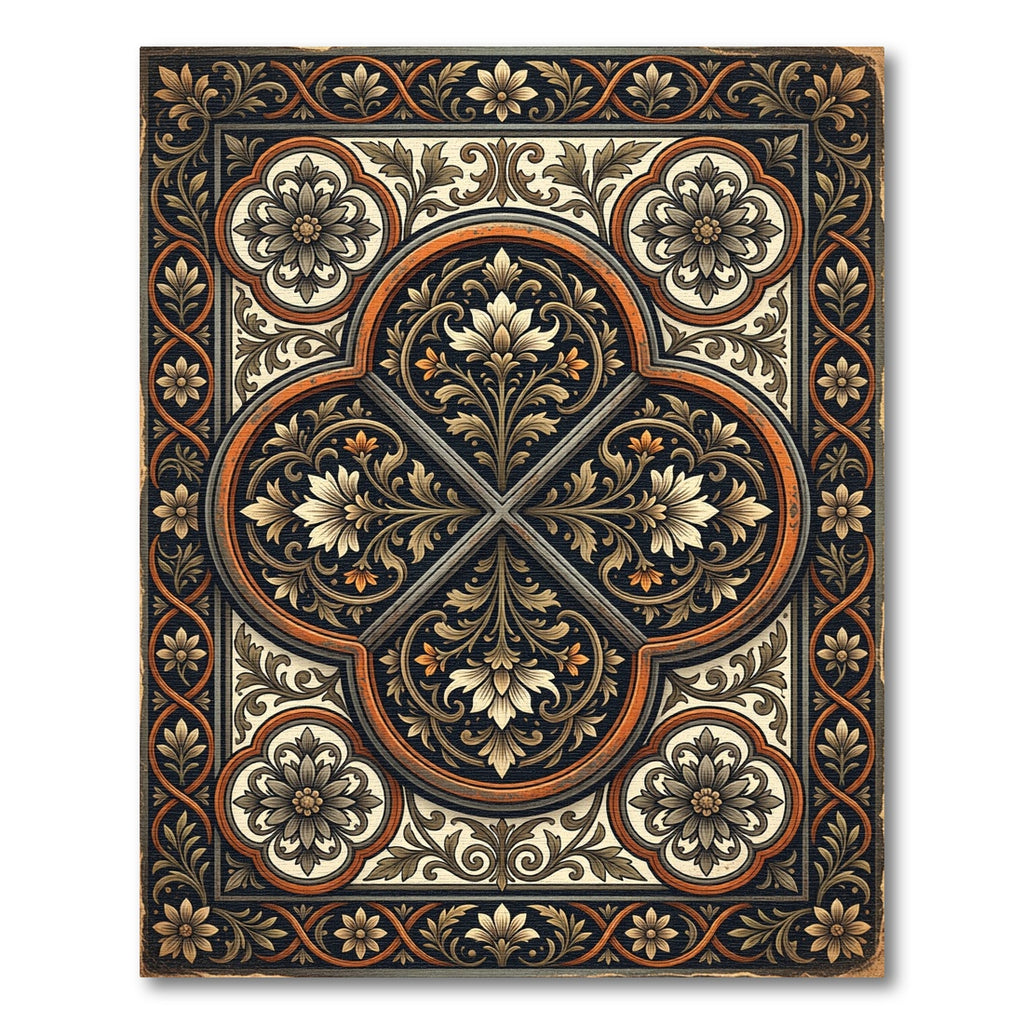 Ornate Black Gold Floral Quadrant Rug