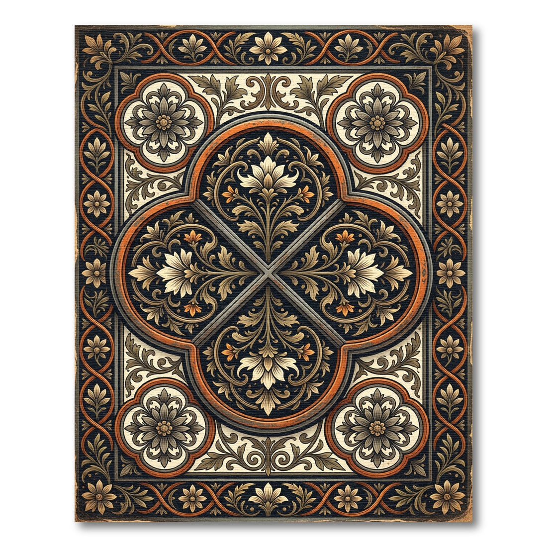 Ornate Black Gold Floral Quadrant Rug
