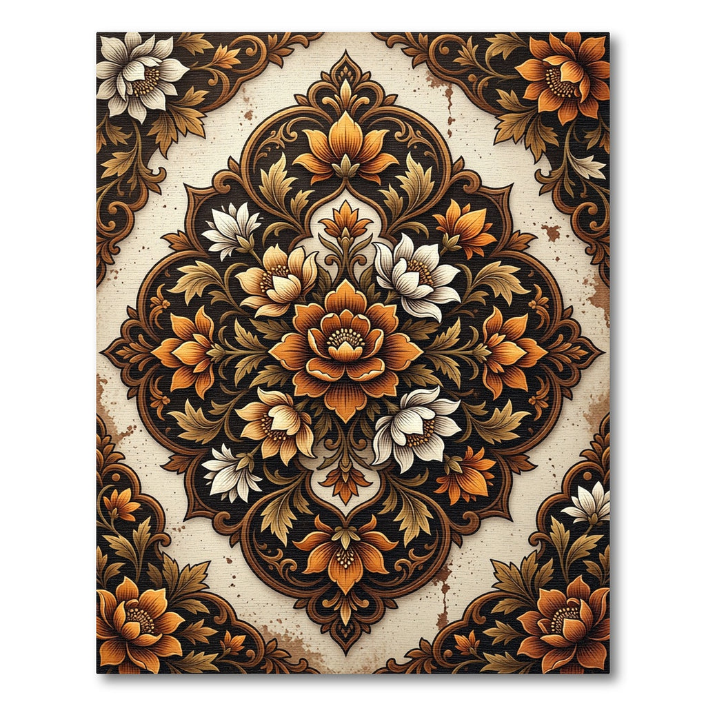 Rich Amber Floral Scrollwork Rug