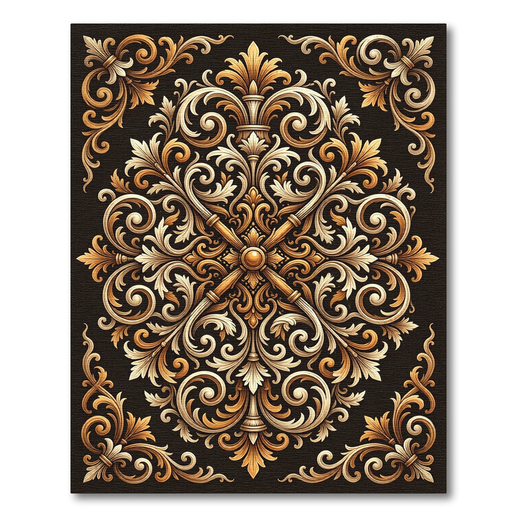 Ornate Gold Baroque Scrolling Filigree Rug