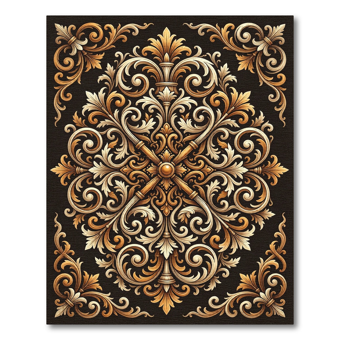 Ornate Gold Baroque Scrolling Filigree Rug