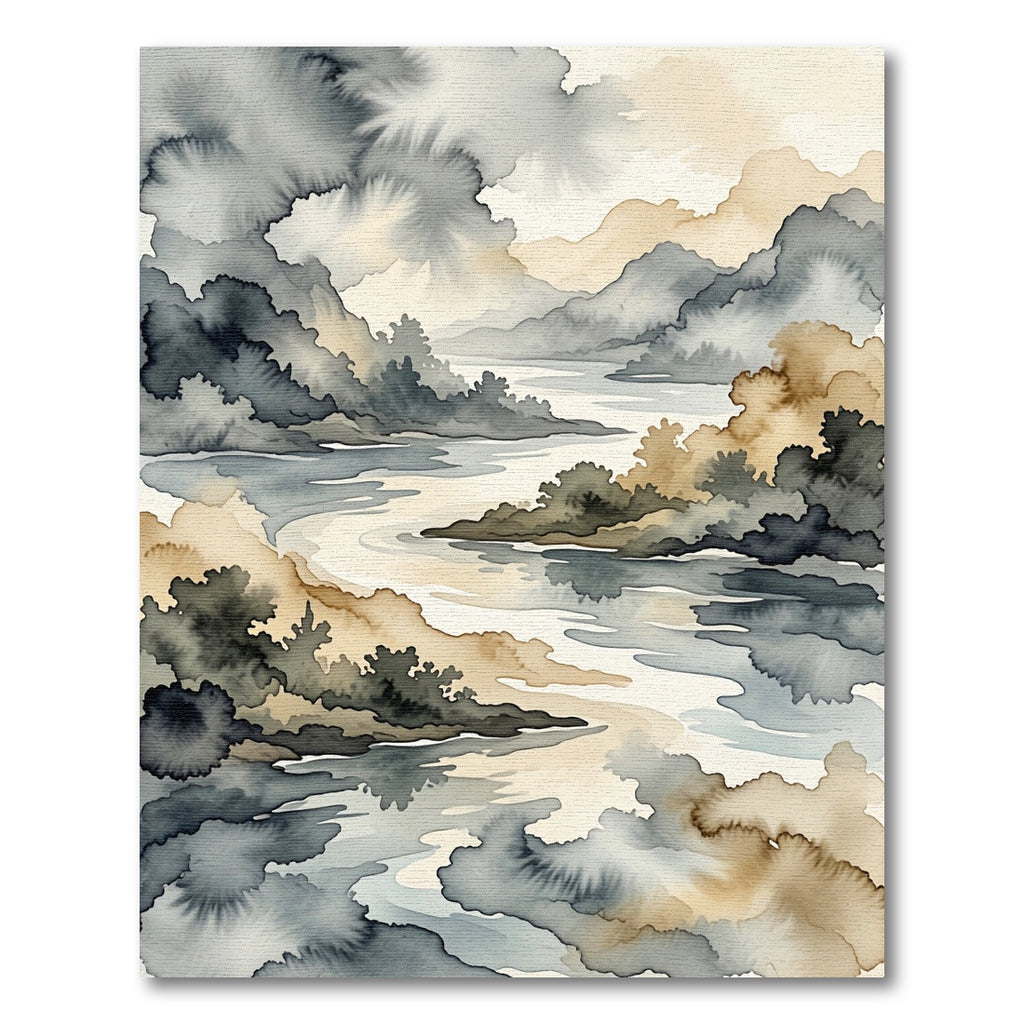 Misty Mountain River Watercolor Landscape Rug