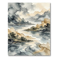 Misty Mountain River Watercolor Landscape Rug