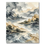 Misty Mountain River Watercolor Landscape Rug