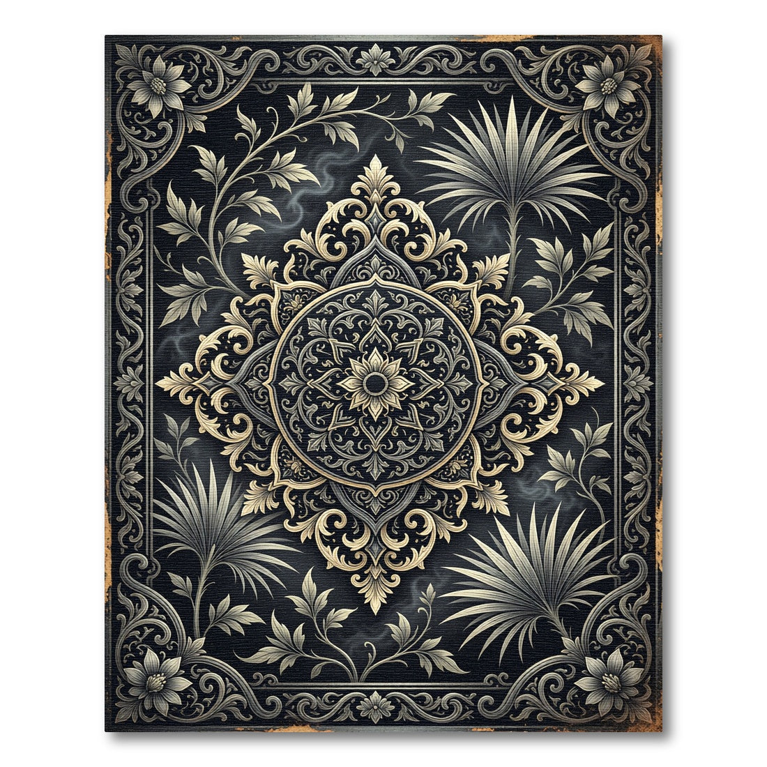 Ornate Ivory Floral Medallion Black Rug