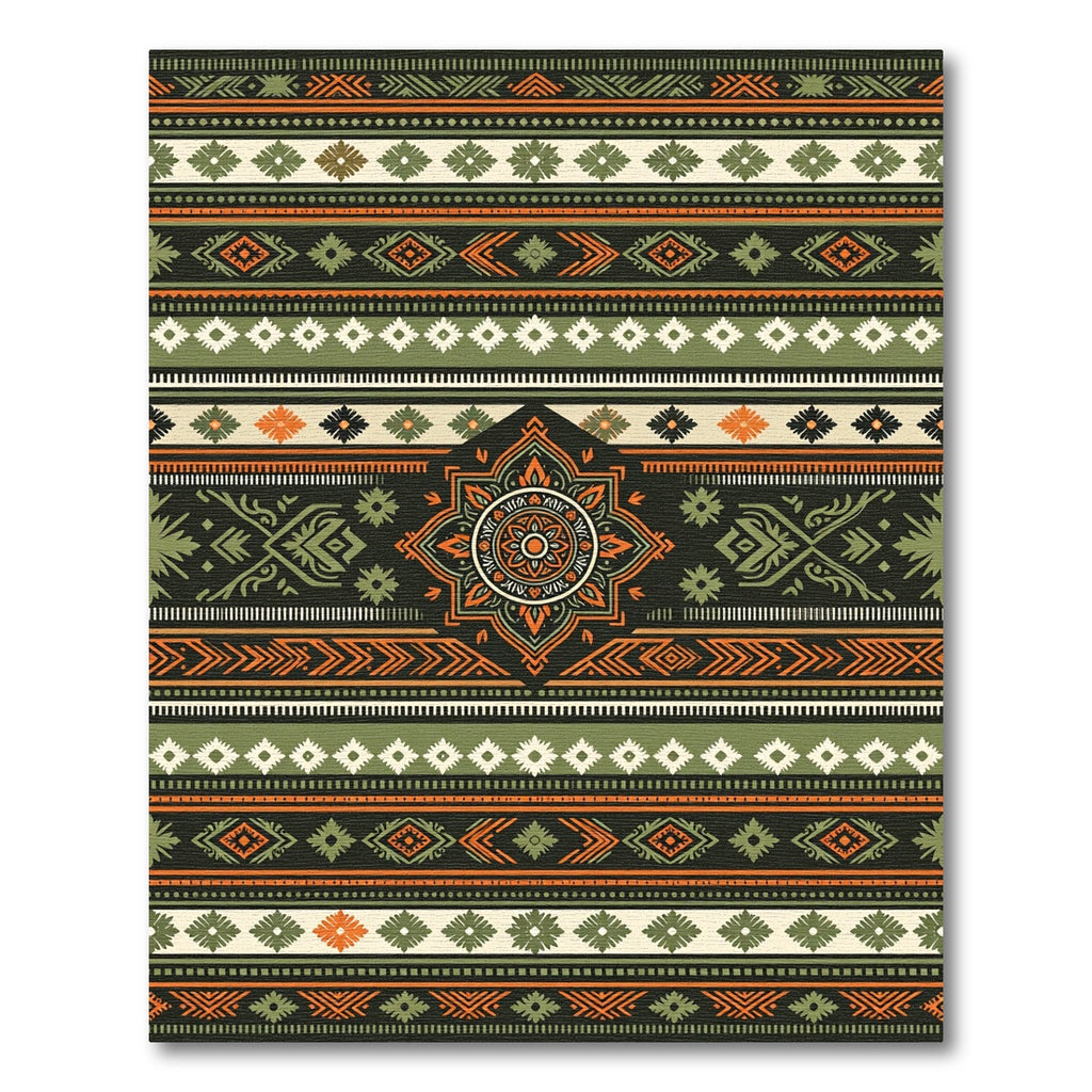 Earthy Green Orange Boho Geometric Stripe Rug