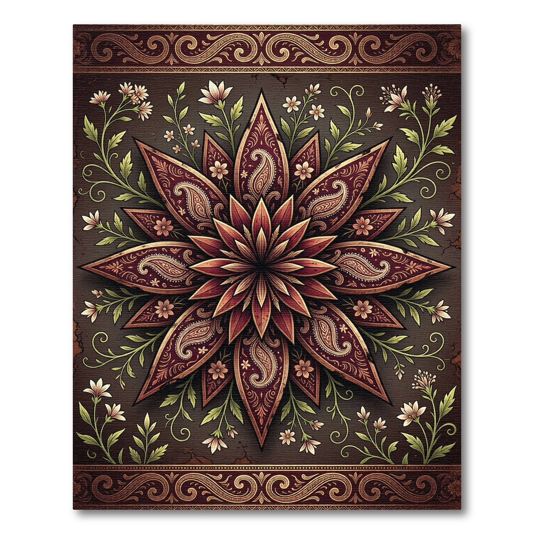 Deep Burgundy Floral Paisley Medallion Rug