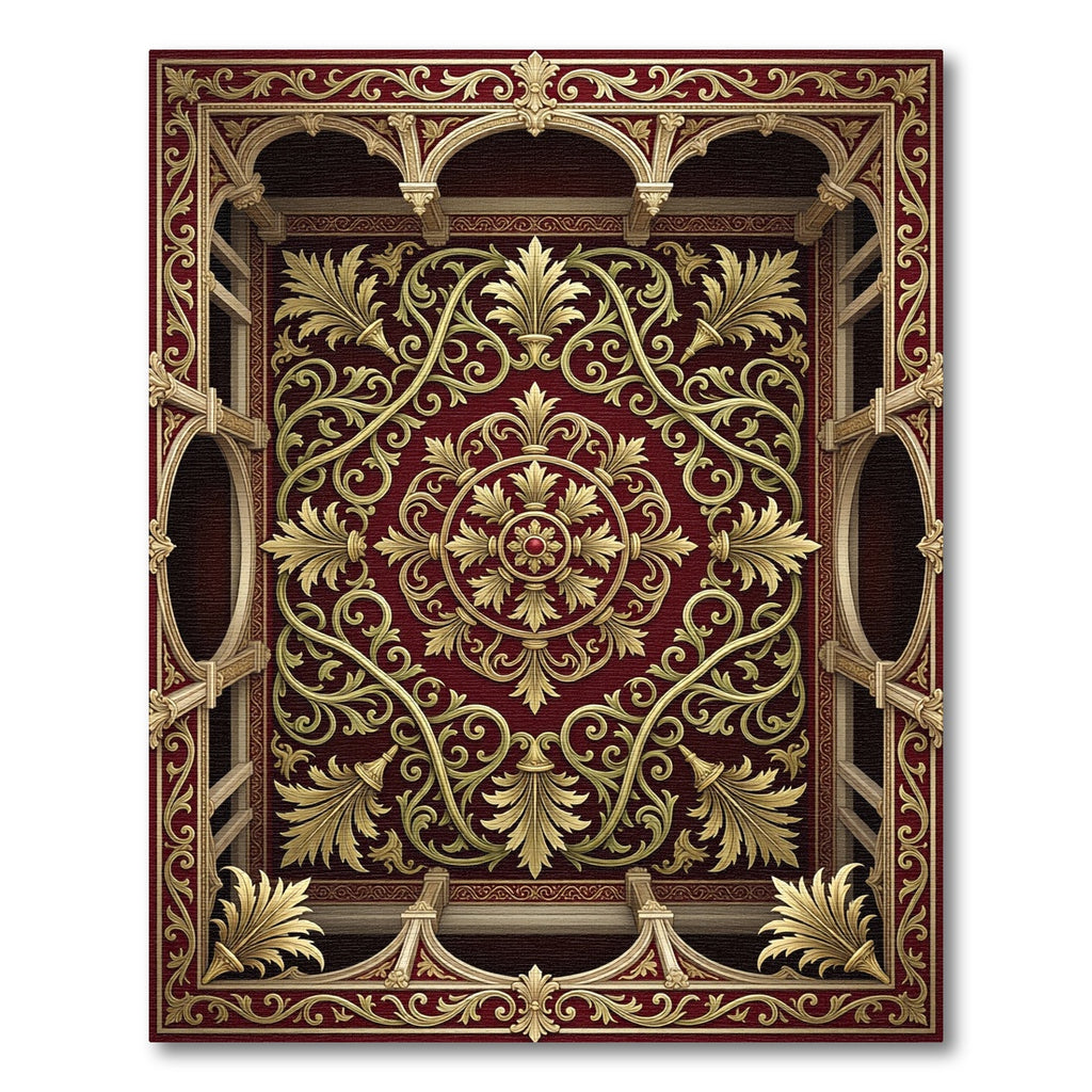 Regal Crimson Gold Acanthus Arch Rug