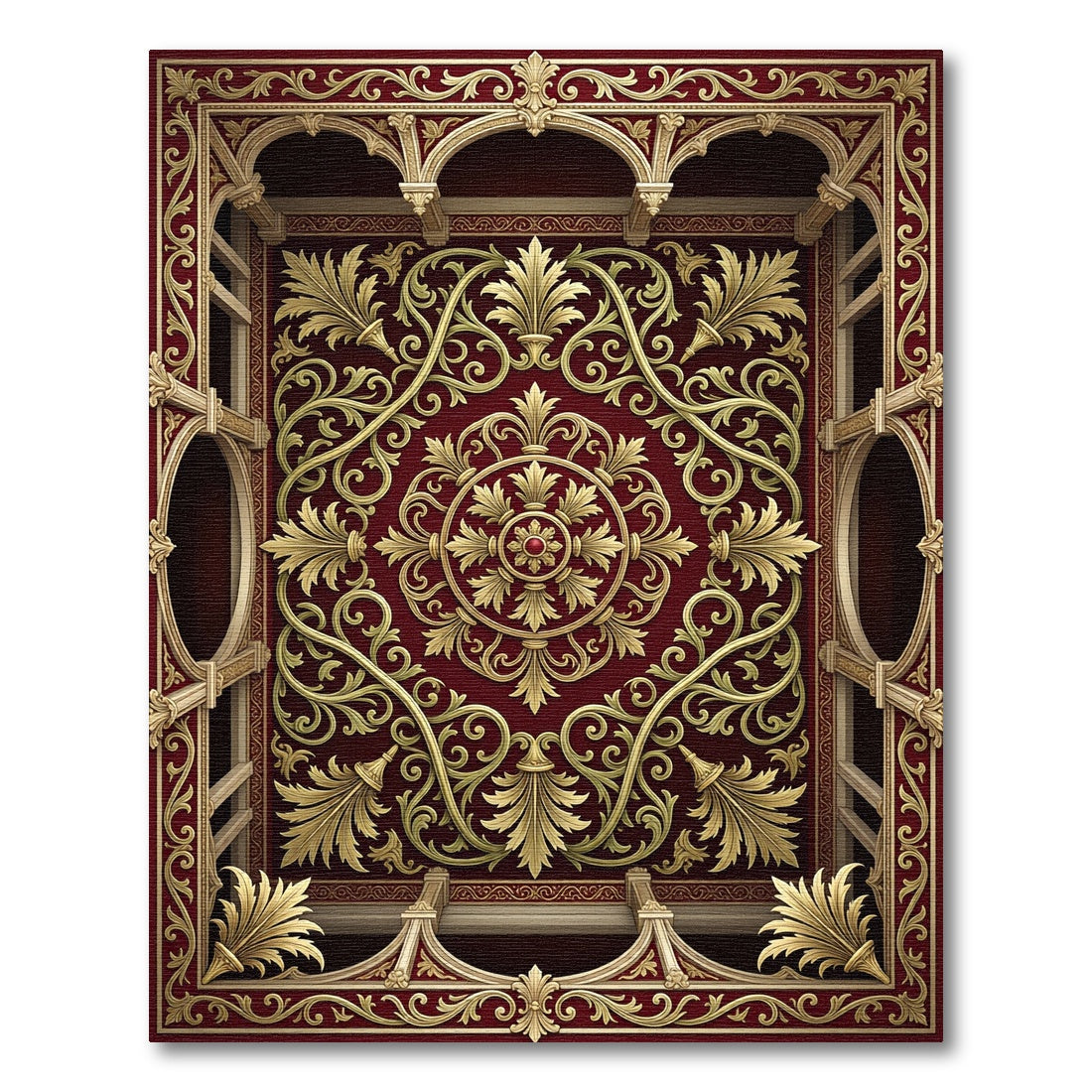 Regal Crimson Gold Acanthus Arch Rug