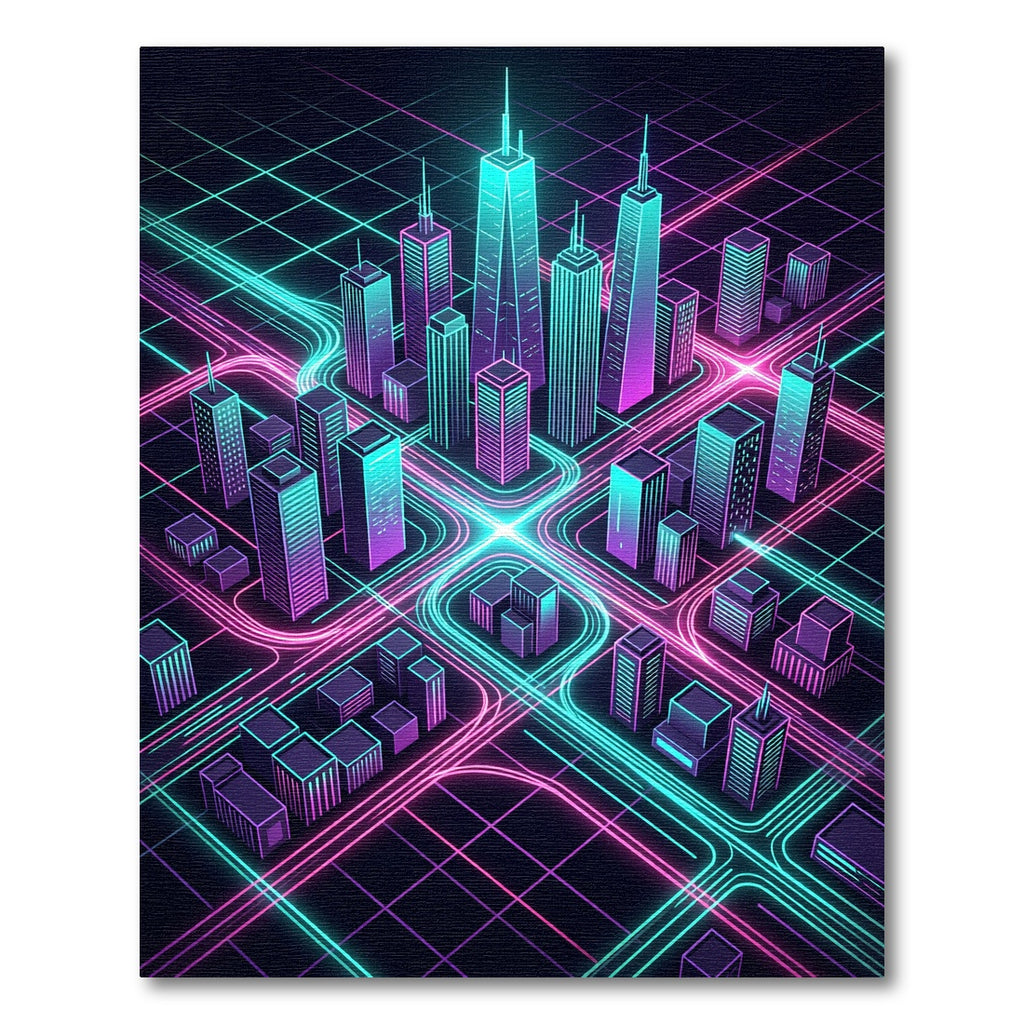 Neon Cyberpunk City Grid Skyline Rug
