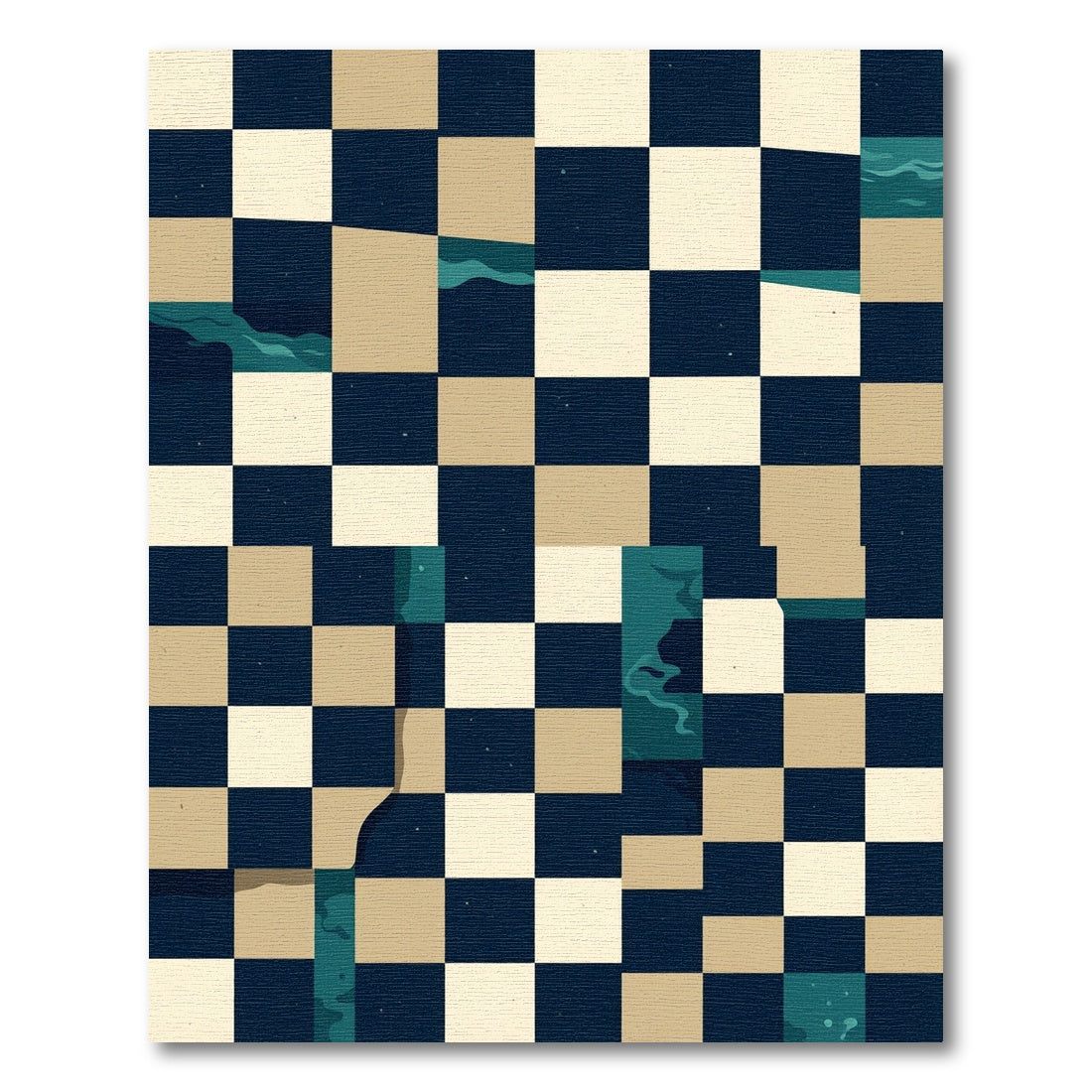 Checkered Abstract Teal Wave Grid Rug