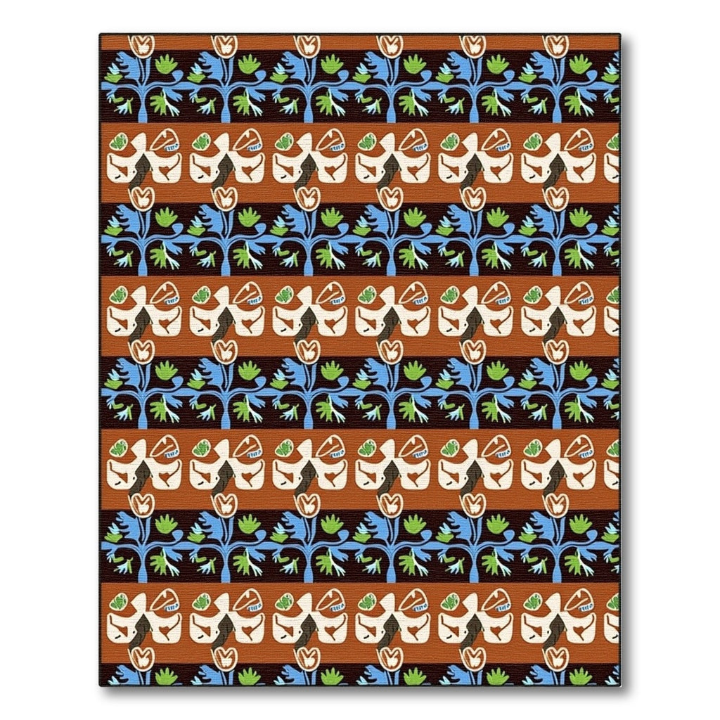 Brown Red Blue Floral Stripes Rug