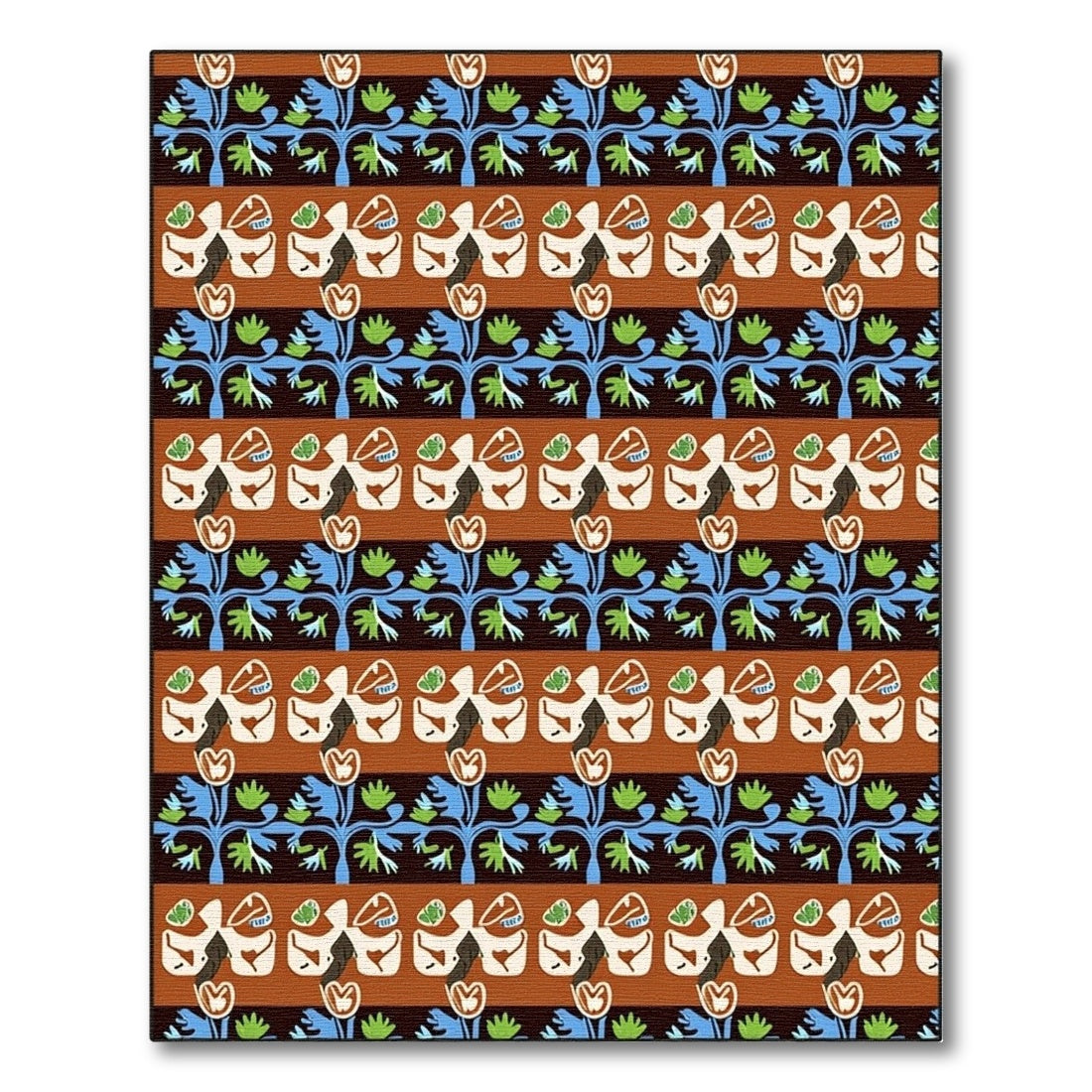 Brown Red Blue Floral Stripes Rug