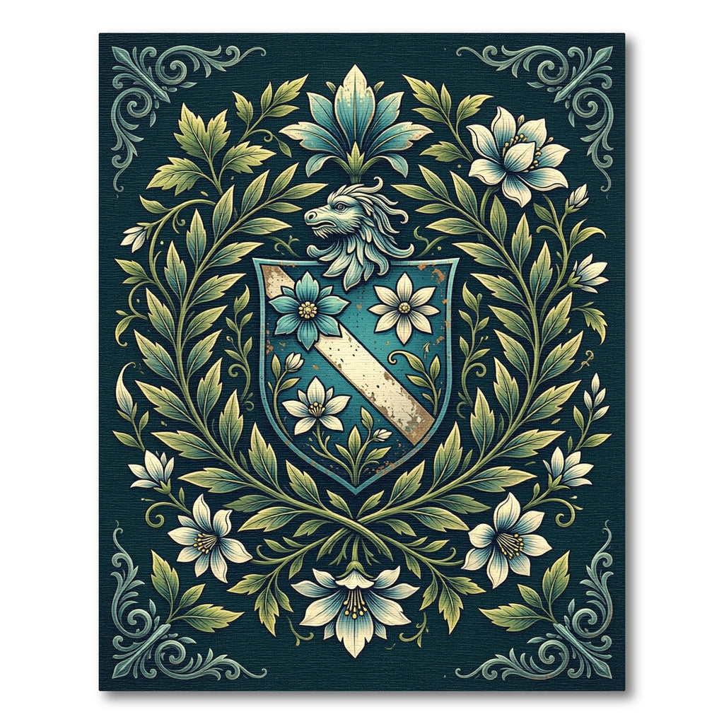 Elegant Blue Floral Crest Heraldic Area Rug