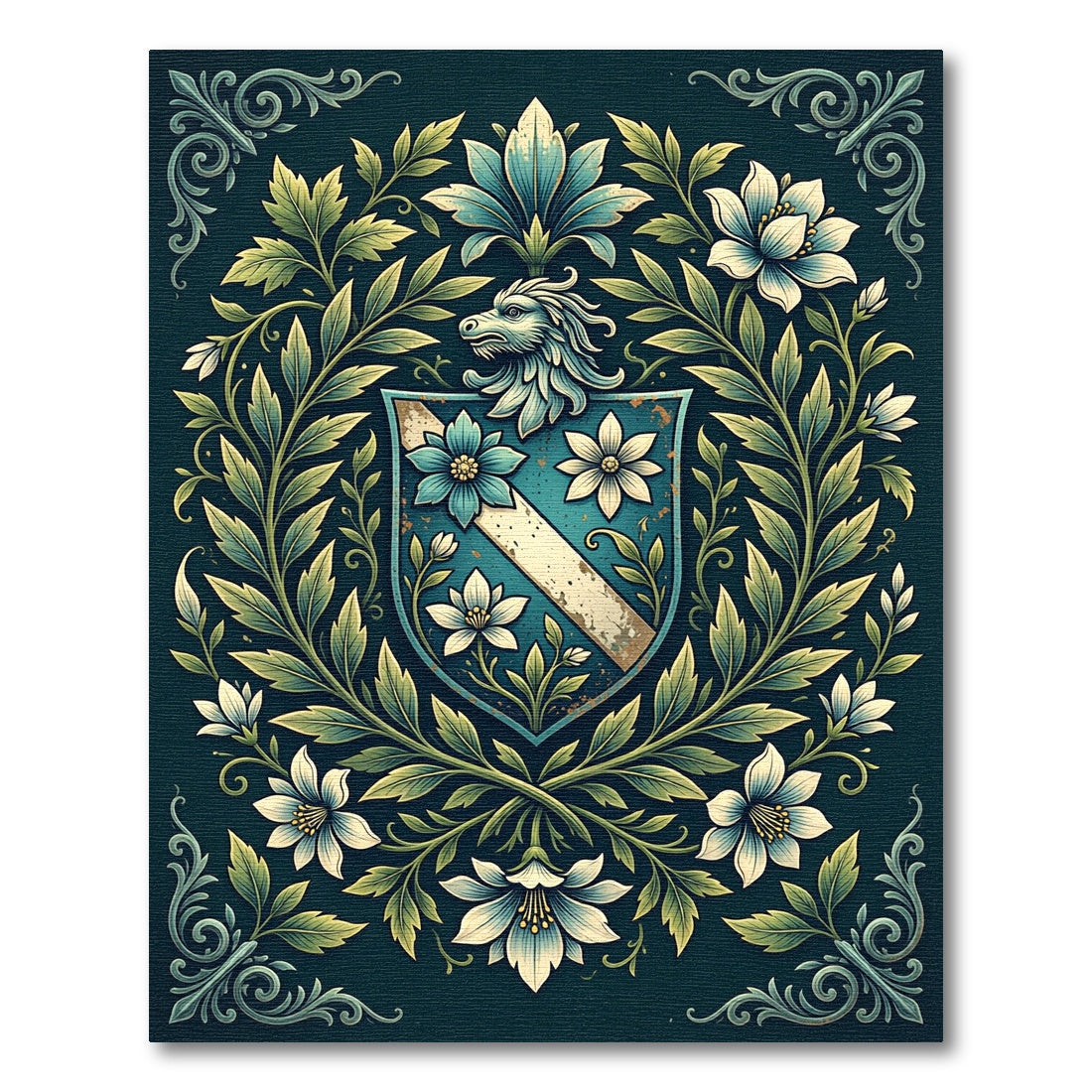 Elegant Blue Floral Crest Heraldic Area Rug