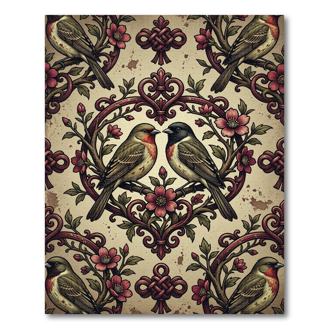 Crimson Birds Floral Garden Symmetry Rug