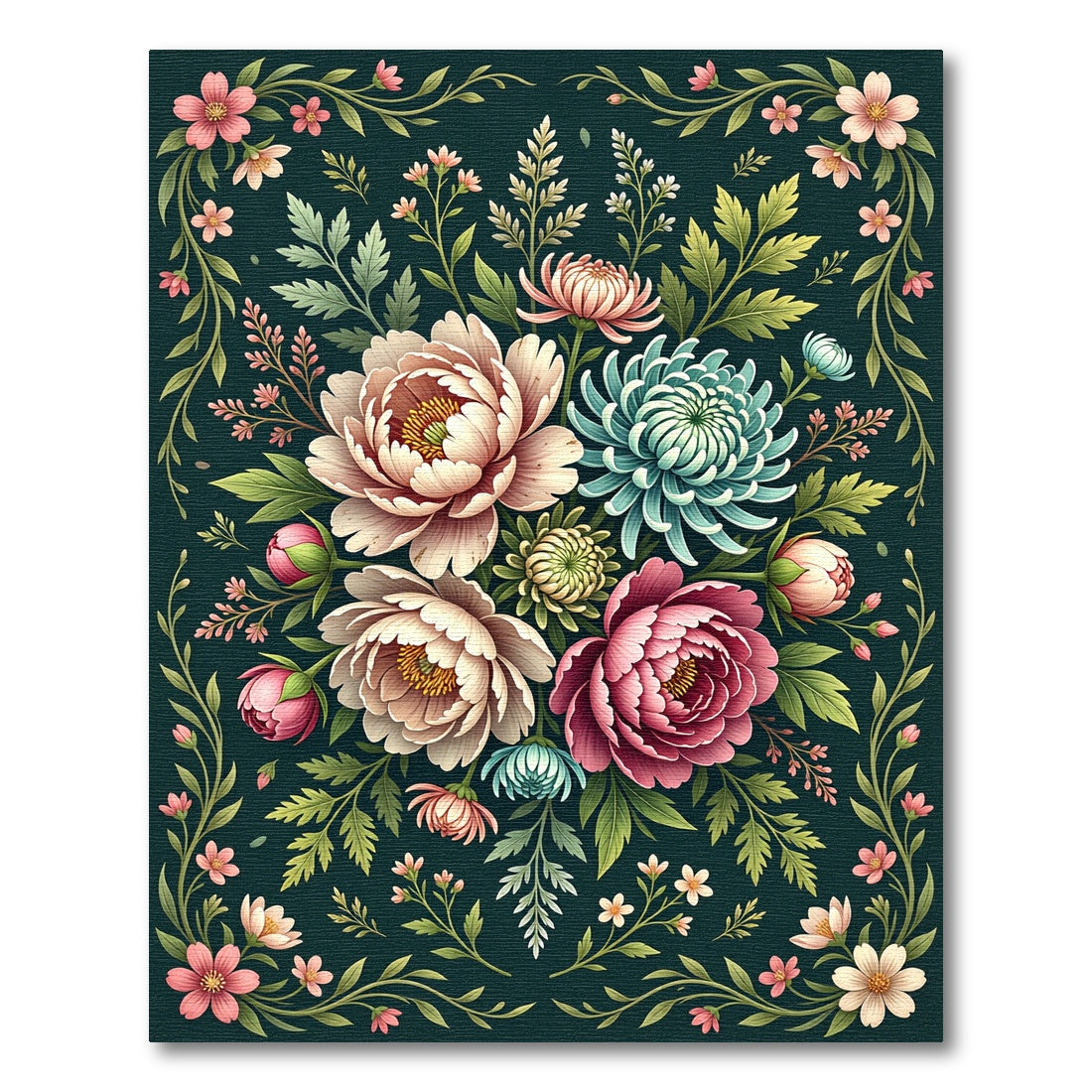 Lush Dark Floral Botanical Peony Bouquet Rug